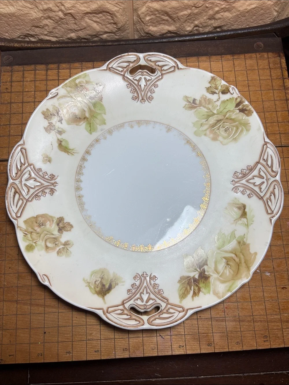 Vintage Ceramic Serving Platter 2 Dishes 4 Cup Set Roses Cream, Green, Gold Trim